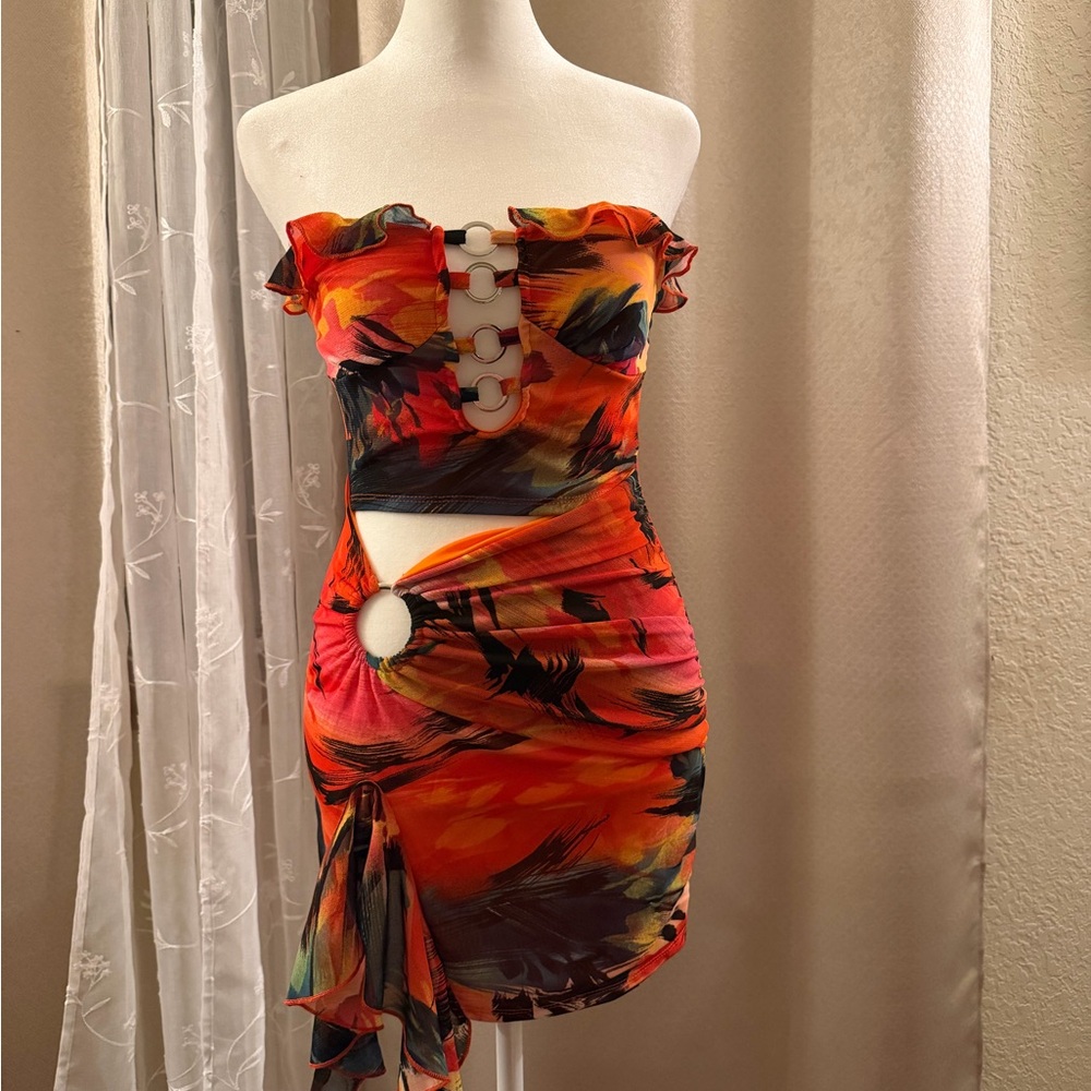 Fashion Nova Orange Red Multi Strap Cutout Bodycon Dress
